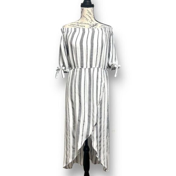 J Gee M Off Shoulder Striped Dress White Black Rayon Tie Sleeve Boho Midi Coasta - Picture 1 of 8